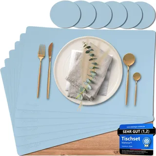 Mahewa® 6er Set Premium Tischset aus Kunstleder - Platzset abwaschbar und wasserdicht - Platzdeckchen Telleruntersetzer in Lederoptik (Babyblau, Eckig)