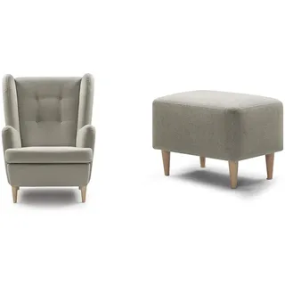 Traumnacht bequemer und moderner Ohrensessel Vincent + Fusshocker, grau