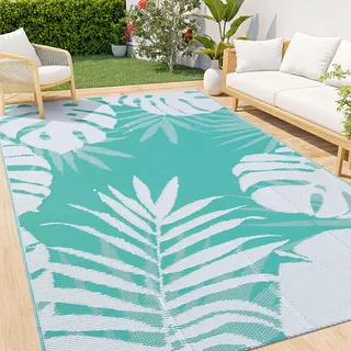 Homaxy Outdoor Teppich Wetterfest, Kunststoff Stroh Faltbar Waschbar UV-beständig Wendbar Balkon Garten Teppich für Terrasse Camping Picknick - 120 x 180 cm, Weiß & Grün