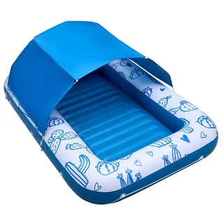 Aufblasbare Pool-Schwimmhilfe mit Sonnendach (UPF 50+), 2,09 x 1,4 m große schwimmende Sonnenliege für Erwachsene, Tragkraft 250 kg, Sonnenliege mit Kissen, Handy- und Getränkehalter für Spaß im Wasser - Blau