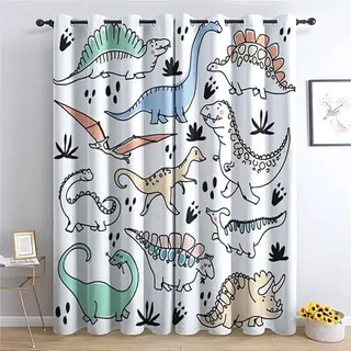 SZLYZM Dinosaurier Vorhänge Verdunklung svorhänge mit Muster Dino-Cartoon, Vorhang Blickdicht mit Ösen Gardinen Wohnzimmer Schlafzimmer Kinderzimmer Dekoration 2er Set - 260 x 140 (H X B)