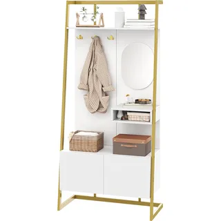 Sweiko Moderne minimalistische  Kompaktgarderobe, offener multifunktionaler Aufbewahrungsschrank mit Spiegel, Metallhaken,Garderobenständer mit Schuhbank, Garderobe, Schuhaufbewahrung,Kleiderständer, - Weiß