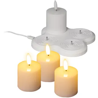 LED Kerze warm weiß aufladbar mit Ladestation 4er Set - 5 x 5 cm - Künstliche Stumpenkerze mit Flackereffekt Akku betrieben - Deko Licht für Weihnachten Advent Hochzeit Geburtstag Kerze flammenlos