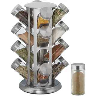 Relaxdays Gewürzkarussell, mit 16 Gewürzgläsern, 360° drehbar, silber | Edelstahl, Glas, HxD 33 x 22 cm, Gewürzregal rund