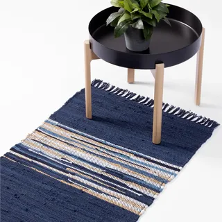 JEMIDI Teppich Läufer - Baumwollteppich - Läufer Flur - Teppich waschbar - Waschbare Teppiche - Teppichläufer Flur - Teppich bunt - Bettvorleger - 60 x 90 cm - Blau und weiß