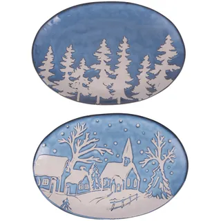 Villa d'Este Home Tivoli 1996 4er Set Servierteller oval Steinzeug 31,5x21 cm Wintervillage Weihnachtsdeko