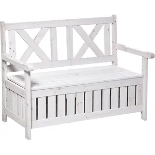 Outsunny Sitzbank mit Stauraum 3-Sitzer Gartentruhe Truhenbank Kissentruhe Tannenholz Weiß , Holz , 61x85x115 cm , Gartenmöbel, Gartenbänke