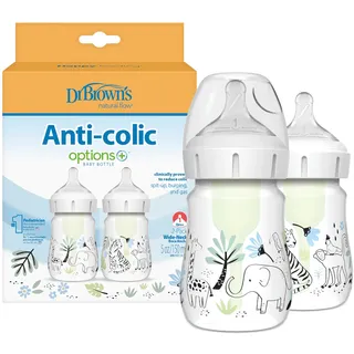 Dr. Brown's Natural Flow® Anti-Colic Options+TM Weithals-Babyflasche, Designer-Edition, Dschungel-Dekos, 150 ml, Level 1 Nippel, 2er-Pack, 0 m +