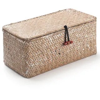 Rattankorb Aufbewahrungskorb aus Seegras mit Deckel Natürliches Material (Weißwäsche Klein 26cmx14cmx11cm H)