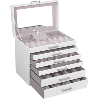 Songmics Schmuckkästchen 6 Ebenen, Schmuckkasten mit großem Spiegel, Schmuckschatulle, 5 Schubladen, sehr viel Stauraum, Schmuckaufbewahrung, modern, Geschenkidee, wolkenweiß JBC138