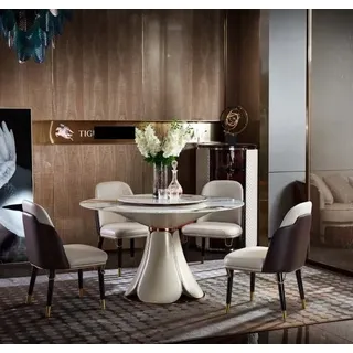 Esstisch 4x Stühle Rund Luxus Essgarnitur Design Gruppe Esszimmer Möbel 5tlg. - Beige