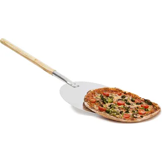 Relaxdays Pizzaschaufel rund, Pizzaschieber, Holzgriff, Profi Pizzaheber & Brotschieber, Aluminium, Ø 30cm, beige/silber