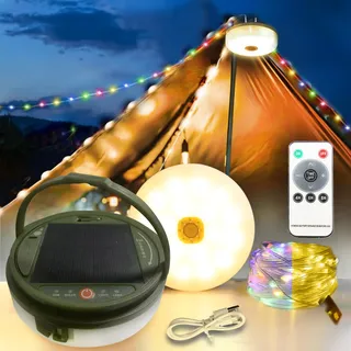 QSPORTPEAK Solar Camping Lichterkette Aussen 12M, 8 Beleuchtungsmodi, 3600mAh Aufrollbar Campinglampe Solar mit Fernbedienung und USB Wiederaufladbare für Camping,Hof und Wandern
