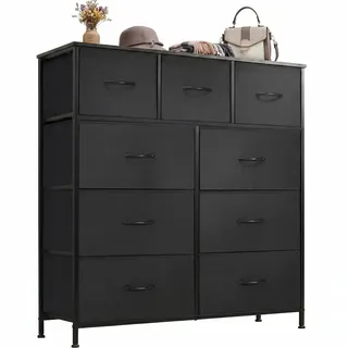 DUMOS Kommode mit Schubladen - Kommoden & Sideboards für Schlafzimmer Geeignet, Komodenschrank mit 9 Schubladen, Stoffkommode mit Stahlrahmen, Schrank Klein, Ideal für Flur, Wohnzimmer (Schwarz)