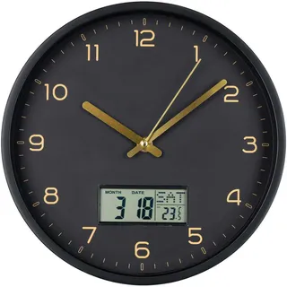 Wanduhr , Schwarz, Goldfarben , Kunststoff, Glas , 25x25x4 cm , Kalenderanzeige, Wochentaganzeige, leises Uhrwerk , Dekoration, Uhren, Wanduhren