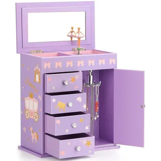 Redcoutt Schmuckkästchen für Mädchen mit 5 Schichten, Schwenktür, drehender Ballerina, Einhorn- und Schlossdesign, Einhorn-Geschenke für Mädchen, Geburtstags(Lila)