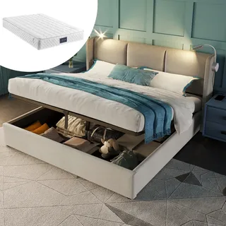 Sweiko Polsterbett Doppelbett mit Leselicht und USB-Ladefunktion, Stauraumbett mit Kopfteil und Lattenrost Kunstleder Beige 160x200cm (mit Matratze) - Beige