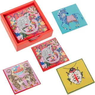DRW 4er-Set Untersetzer mit Holzständer in Blau, Gelb, Rosa und Rot, 12 x 12 x 4 cm