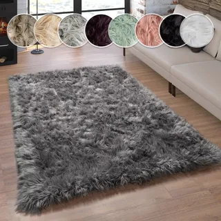 Paco Home Fellteppich »Playa 960« rechteckig 64 mm Höhe Kunstfell, Flokati-Optik, Hochflor, weich und flauschig, Uni-Farben, grau
