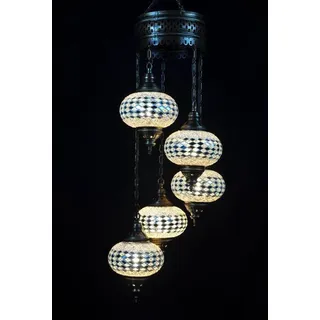 Türkische Mozaik-Hängelampe mit 5 Kugeln und silbernem Armatur – Handgefertigte orientalische Lampe für gemütliche Atmosphäre - Weiß