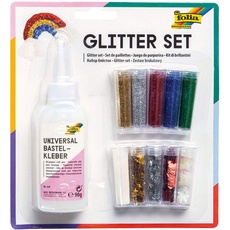 folia 579 - Glitter Set, bestehend aus Bastelkleber und 10 Dosen Glitterpulver und -streuteile, farbig sortiert - ideal zum Verzieren Ihrer Bastelarbeiten, Grußkarten, Scrapbooking, und vielem mehr
