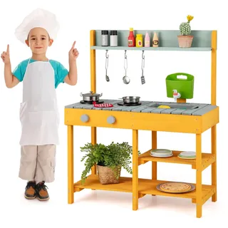 FANTASK Outdoor Matschküche Kinder aus Holz, Kinderküche mit Wasserfunktion & Haken & abnehmbarem Regal, Gartenküche Geschenke für Jungen und Mädchen ab 3 Jahren (Orange)