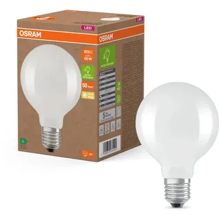 Osram LED Superstar Classic Globe 95 in klassischer Ballform aus gefrostetem Glas, 3.8 W, 806 lm, E27 Fassung, warmweißes Licht mit 2700 K, EEK A, 95 mm Durchmesser.