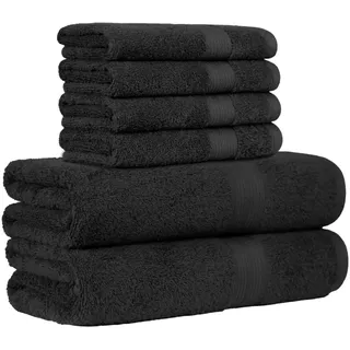 Amazon Basics Handtücher Set 6-teilig, 100% Baumwolle Ausbleichbeständig Weich, 2 Badetücher + 4 Handtücher, Schwarz