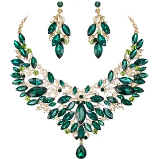 Clearine Braut Schmuck-Set Marquise-Kristall-Strass-Cluster-Statement-Halskette und baumelnden Ohrringe set für Damen Hochzeit Party Smaragd-Grün Gold-Ton