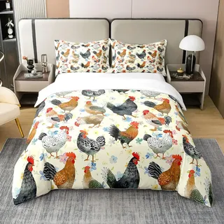 Loussiesd Bauernhaus Tier Bettwäsche Set 135x200cm Huhn 100% Baumwolle Bettbezug Set Hen Rooster Betten Set Schlafzimmer Dekor Floral Vintage Bettdeckenbezug Bettwäsche Sammlung 2Stück