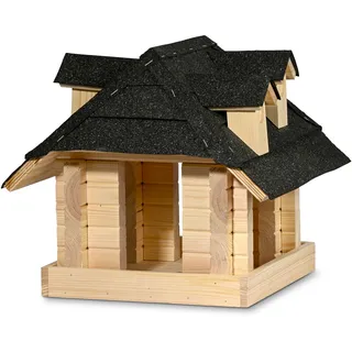 Dobar Vogelhaus Sort aus Massivholz mit schwarzem Bitumendach - Vogelfutterhaus für Ständermontage - Natur