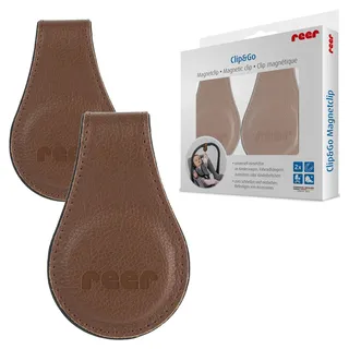 Reer Clip&Go Magnetclip für Kinderwagen & Babyschalen | 2er-Set zum Befestigen von Mulltüchern & Spielzeug | starker Halt ohne Haken oder Klettverschluss | braun