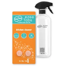 EzeeTabs Küchenreiniger Bundle – Reinigungstabs für ein mikroplastikfreies, biologisch abbaubares und veganes Putzmittel – 2 x Reiniger mit Fettlösekraft und 1 x wiederverwendbare Flasche