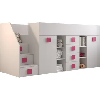 Etagenbett für Kinder Toledo 3 Stockbett mit Treppe, Schreibtisch, Bettkasten (Weiß/Weiß Glanz + rosa Griffe, Seite: Links) - Weiß