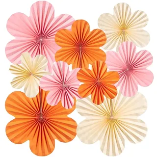 SUNBEAUTY 9 Stück Papier Fächer Dekoration Hanging Girlande Rosa Orange Blumen Papierfächer Cremefarben Party Deko Set für Hochzeit Geburtstag Tea Party Tischdeko Classroom Baby Shower Fasching Deko