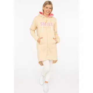 Jerseymantel ZWILLINGSHERZ "Smile everyday", Damen, Gr. S/M, beige (hellbeige), angeraute Sweatware, Obermaterial: 50% Baumwolle, 50% Polyester, Mäntel Jerseymantel, mit großer SMILE Stickerei und positiver Botschaft