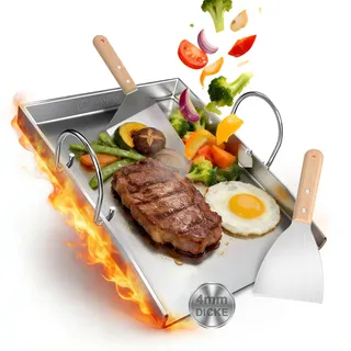 Camxon Universelle Edelstahl Plancha Grillplatte 40.5×31CM mit 4MM verdickt, mit Fettablauf, Spülmaschinenfest inkl. für BBQ Gasgrill & Kohlegrill Geeignet