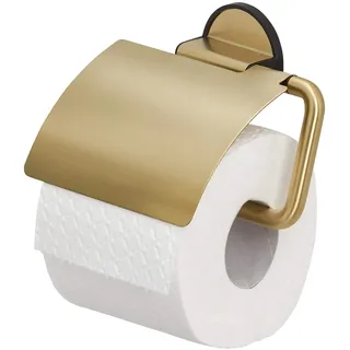 Tiger Tune Toilettenpapierhalter mit Deckel, Montage ohne Bohren Dank integrierter Klebefolie, optional Befestigung zum Schrauben, Messing gebürstet/Schwarz, 150 x 123 x 33 mm