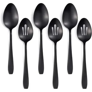 Seeshine 6-teiliges Servierbesteck Set aus Edelstahl Matt Schwarz, 27cm Große Servierlöffel und Geschlitzte Löffel Set, Kochen Buffet Zubehör, Spülmaschinenfest, für Salat, Pasta & Vorspeisen