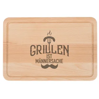 Großes Brotzeitbrett, Schneidebrett aus Buchenholz, mit Gravur 'Grillen', 30x20x1,5cm und Saftrille. Geölte Oberfläche hochwertige Lasergravur (Männersache)