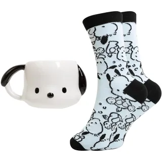 Pochacco Tasse und Socke Geschenkset, 350 ml, 3D-Porzellanbecher mit Socken | 350 ml Porzellan-Kaffeetasse, Pochacco-Geschenke, offiziell lizenzierte Pochacco-Tasse und Socken, Geschenk-Set für Frauen