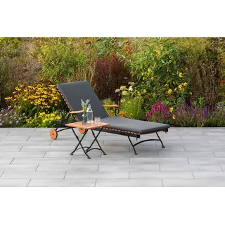 Gartenlounge-Set MERXX "Schloßgarten", braun (braun, grau), B:65cm H:31,5cm T:195cm, FSC-zertifiziertes Massivholz, Stahl, Sitzmöbel-Sets, Gartenlounge-Set, 1 Gartenliege und 1 Hocker mit Auflagen