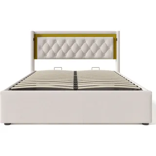MODFU Boxspringbett Hydraulisches 160 x 200 cm mit USB Typ C Ladefunktion Kopfteil, Polsterbett Funktionelles mit lattenrost, Doppelbett Stauraumbett mit Bettkasten Stauraum, Baumwolle Beige(Mit Matratze) - Beige