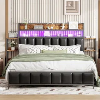 Ball & Cast Polsterbett 160 * 200 cm, Mit Mehreren Einlegeböden, Mit LED-Beleuchtung, Kopfteil für Stauraum, Bettgestell aus Massivem Eisen, Jugendbett, Doppelbett, Kunstlederbezug, Schwarz