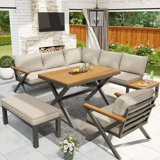 Flieks Gartenmöbel-Set 6 teilig, Gartenloungeset mit Ecksofa und Bank, Gartensofa mit Tisch, Gartengarnitur Balkonmöbelset 6-8 Personen, Beige - Beige