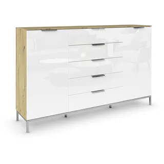 Rauch Möbel Flipp, Nachttisch für Schlafzimmer, Flur, Garderobe, 2-türig, 5 Schubladen, mit Softclose-Funktion, Griffe und Metallkufe Chrom, Farbe Eiche Artisan, Holz/Glas Weiß, Breite 180 cm