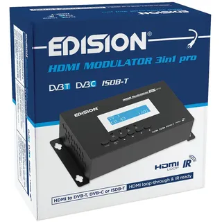 Edision HDMI Modulator 3in1 pro, Modulator auf Kabel DVB-C, Terrestrisch DVB-T oder ISDB-T, Full HD Verteilung über Koaxial, RF IN, LCD Display, Schnelle Konfiguration, Plug & Play