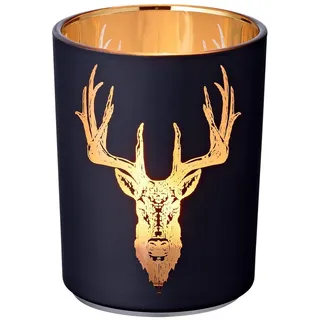 Edzard Windlicht Lio, Höhe 13 cm, ø 10 cm), außen matt-schwarz/innen gold mit Hirsch-Motiv