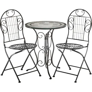 Kobolo Sitzgruppe 1 Tisch 2 Stühle Mosaikdekor - Metall schwarz Terrasse Balkon Gartenmöbel Set Gartentisch Sitzgruppe Lounge Outdoormöbel Lounge Deko - Schwarz