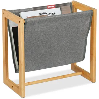 Relaxdays Zeitschriftenhalter, Bambus & Stoff, HBT: 37 x 39,5 x 21 cm, A4, Magazinhalter, Zeitungshalter, natur/grau